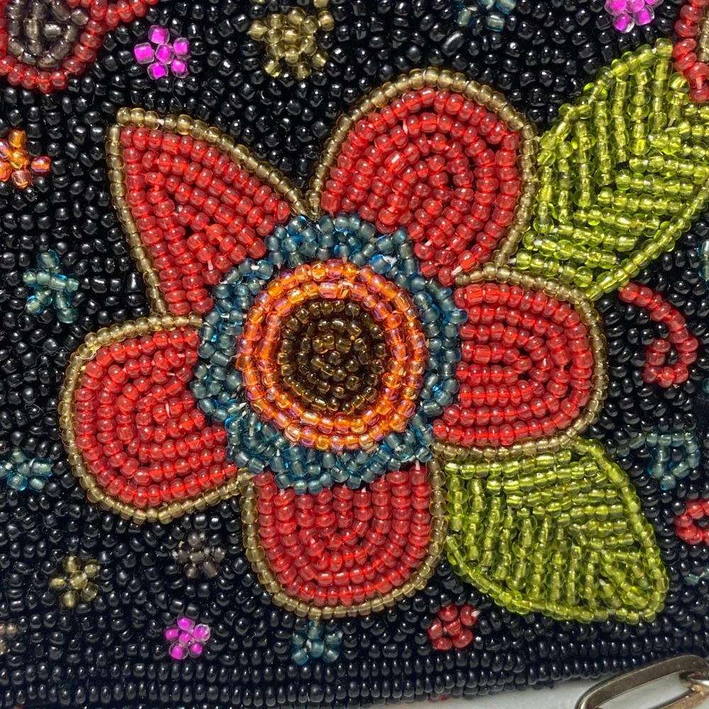 Black Beaded Evening Baguette Bag Color Purse Clutch with Chain Strap Flowers‎
